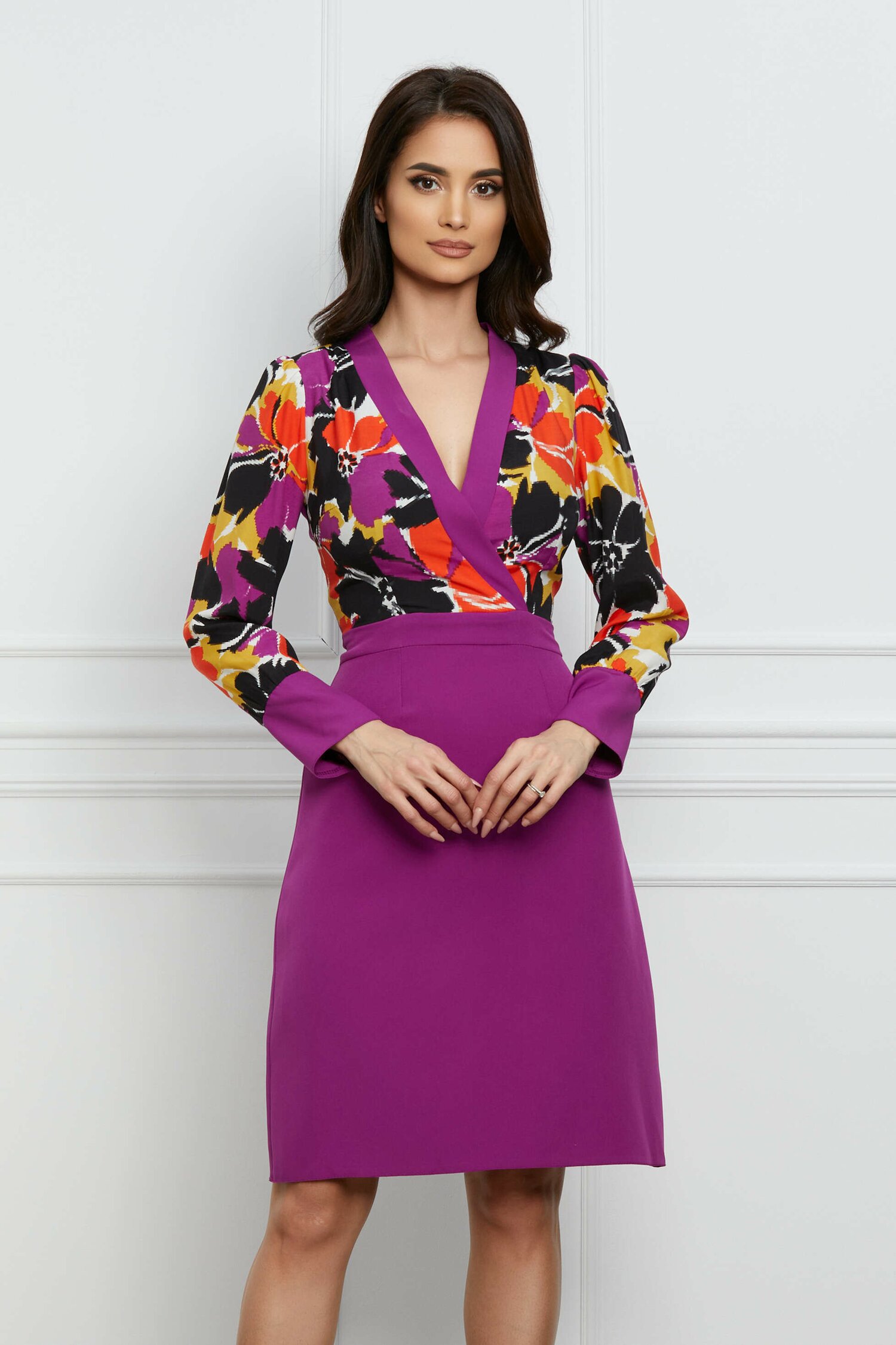 Rochie Moze violet cu imprimeuri orange la bust